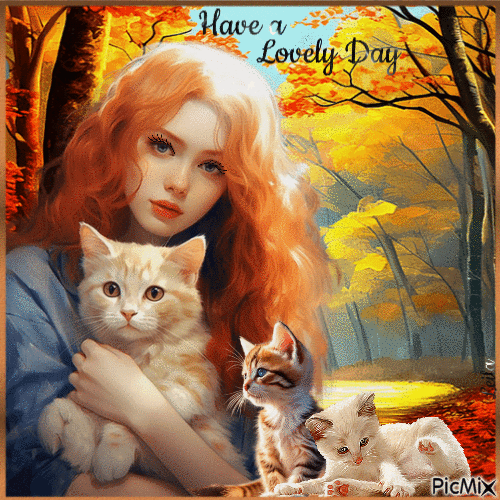 Have a Lovely Day. Girl, cats, autumn - Ingyenes animált GIF