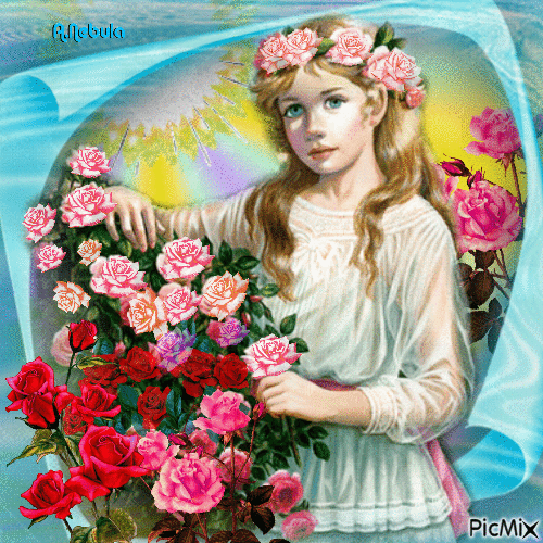 Girl with roses - GIF animé gratuit