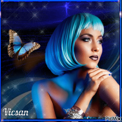 Niña con mariposa - Tonos azules - GIF animé gratuit