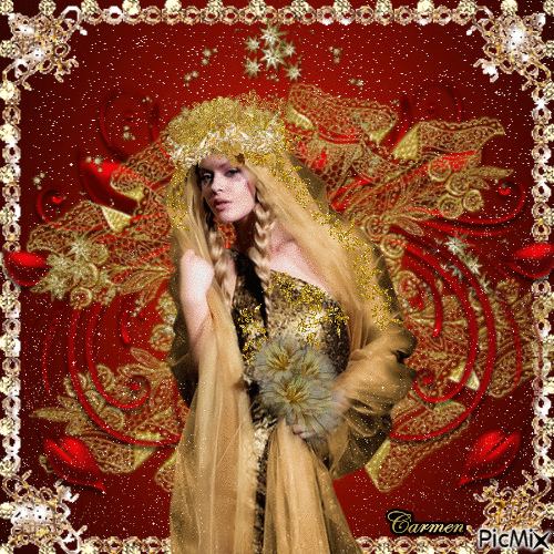 Femme de couleur or sur un fond rouge avec cadre doré - 免费动画 GIF