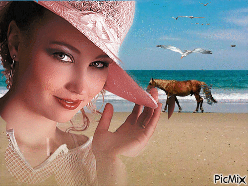 Vrouw paard en meeuwen - GIF animado gratis