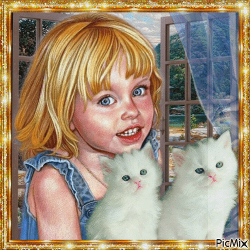 Kleines Mädchen und 2 weiße Kätzchen - Animovaný GIF zadarmo
