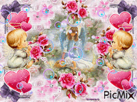 TWO LITTLE ANGELS, INCIRCLED BY FLOWERS, HEARTS, AAND SPARKLES, THERE ARE 2 LITTLE ANGELS BLOWING BUBBLES ALL OVER THE PICTURE. animēts GIF