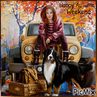 Happy Autumn Weekend. Car, woman, dog - Free animated GIF