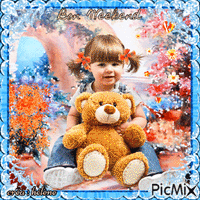 concours : La fillette et sa peluche en orange et bleu - Darmowy animowany GIF