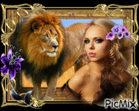 Portrait woman with lion GIF animé