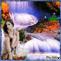Mulher e as cascatas de água geanimeerde GIF