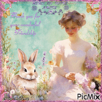 concours : Portrait de femme avec un lapin - Tons pastels animált GIF