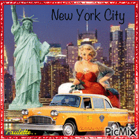 new york et femme vintage en rouge - GIF animé gratuit