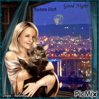 Bonne nuit / Good night  _ femme et chat à la fenêtre - Безплатен анимиран GIF