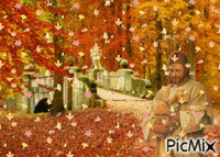 Jesus com ovelha na paisagem de Outono - Gratis animerad GIF