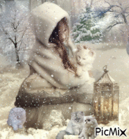 petite fille et chats - Free animated GIF