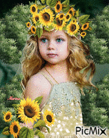 Girl and Sunflowers - Безплатен анимиран GIF
