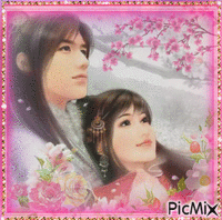 Contest Autumn Asian couple in pink - Free animated GIF