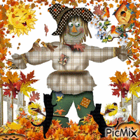 A SCARECROW, JACK-O-LANTERNS, BLACK CATS, BIRDS AND BIRD HOUSES, LITTLE FENCES LEAVES PILED UP AND LEAVES BLOWING EVERY WHERE. AND A FUNNY SUN. animuotas GIF