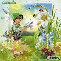Petit garçon cueillant des fleurs par BBM geanimeerde GIF