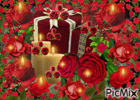 RED ROSES ALL SIZES, GIFTS OF RED, 2 BIG VANILLA CANDLES WITH YELLOW FLAMES, YELLOW FLAMES COMING FROM SOME OF THE ROSES, AND A LIGHT FLASHING IN THE BACK GROUND, GIF animé