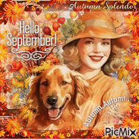 Hello September Autumn woman dog - Nemokamas animacinis gif