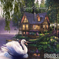 Good Evening Swan and House by the Lake - GIF animado grátis