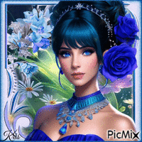 Femme en bleu avec une rose bleue🌹🌼❤️ κινούμενο GIF