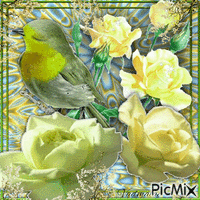 Petit oiseau avec des fleurs - GIF animé gratuit