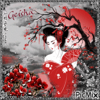 Geisha en noir, blanc et rouge - GIF animé gratuit