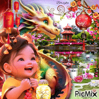 Petite fille et le dragon - GIF animé gratuit