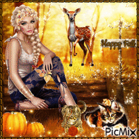 Happy Fall. Woman, cats, deer. Gif Animado