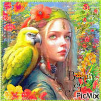 Woman With a Parrot - Free animated GIF