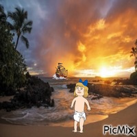 Baby at beach during sunset animált GIF