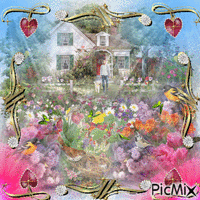 A FARM HOUSE AND ALL THE TREES AND FLOWERS AEOUND IT SOME BLOWING IN THE WIND, FLOOD LIGHTS IN EACH CORNER BLUE AND PINK, BUTTERFLIESN BIRDS, ONE BIRD NEST WITH BABIES, A MAN AND DOG AND COLOR CHANGING FRAME. Animated GIF