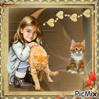 Portrait de Fille et son chat GIF animé