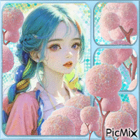 Woman and pink cotton flowers - 免费动画 GIF