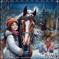 Enfant en hiver avec son cheval - GIF animado gratis
