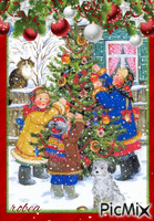 Les enfants ils maint  la touche finale à l`arbre de Noël - Gratis animerad GIF