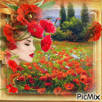 woman with poppies animált GIF