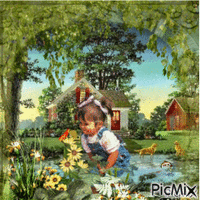 Petite fille au bord de la rivière - Gratis animerad GIF
