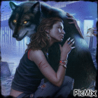 Девушка и волк - GIF animé gratuit