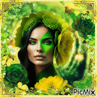 Portrait de femme - Tons verts et jaunes - GIF animasi gratis
