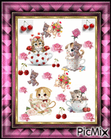 FOUR KITTENS IN CUPS, FOUR KITTENS FLOATING DOWN AND ALSO LANDING IN CUPS, PINK ROSES, RED CHERRIES, AND KITTENS SWING ON POTS OF FLOWERS, IN A PRETTY PURPLE FRAME. geanimeerde GIF