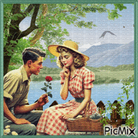 Un rendez-vous au bord du lac en montagne - vintage. - Animovaný GIF zadarmo