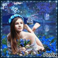 Mädchen auf blauem Hintergrund mit blauem Strauß - Ingyenes animált GIF
