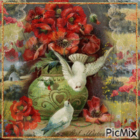 Poppies and birds - Best Wishes - GIF animado grátis