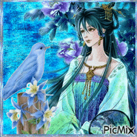 Fantasy Frau mit einem Tier in Blau - Gratis geanimeerde GIF