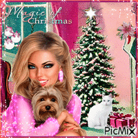 Magic of Christmas. Pink. Christmas room. Woman, cat, dog