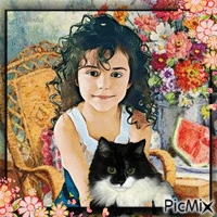 Girl and cat geanimeerde GIF