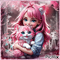 fillette et son chaton en rose - GIF animado gratis