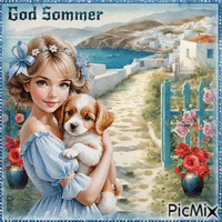 Happy Summer. Girl, dog, sea view