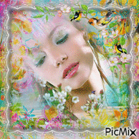 Portrait Woman Spring Flowers Birds Colors Butterflies Glitter Deco - GIF animé gratuit