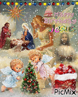 A MYSTICAL BIRTHDAY IN HEAVEN., WITH BABY JESUS, JESUS AS A MAN, ANGELS, A CHRISTMAS TREE, PRESENTS, A BIRTHDAY CAKE, HAPPY BIRTHDAY JESUS, AND PLENTY OF SNOW. - GIF animado grátis
